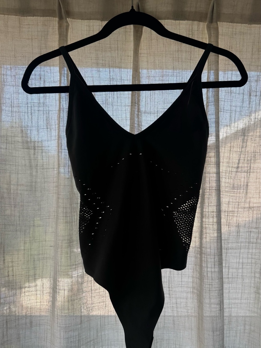ALO Yoga Olive Green Perforated Bodysuit with Cross-Back Straps - Picture 7 of 8